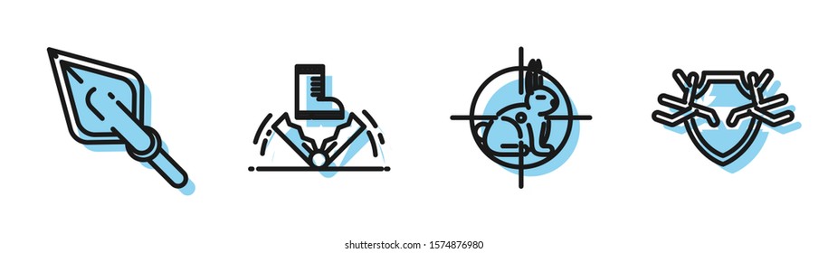 Set line Hunt on rabbit with crosshairs, Hipster arrow tip, Trap hunting and Deer antlers on shield icon. Vector