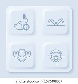 Set line Hunt on rabbit with crosshairs, Trap hunting, Moose horns on shield and Hunt on bear with crosshairs. White square button. Vector