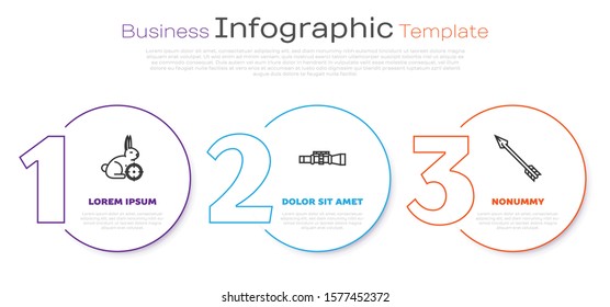 Set line Hunt on rabbit with crosshairs, Sniper optical sight and Hipster arrow. Business infographic template. Vector
