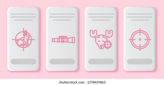 Set line Hunt on rabbit with crosshairs, Sniper optical sight, Hunt on moose with crosshairs and Target sport for shooting competition. White rectangle button. Vector