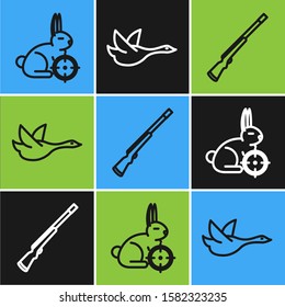 Set line Hunt on rabbit with crosshairs, Hunting gun and Flying duck icon. Vector