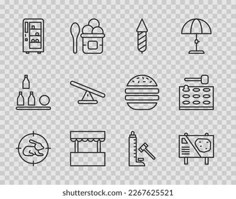 Stell die Linie Jagd auf Kaninchen mit Crosshairs, Vergnügungspark-Plakatwand, Feuerwerkskaninchen, Ticketbox-Büro, Ausstellungsmaschine, Seesaw, Striker-Attraktionshammer und Arcade-Spiel-Symbol. Vektorgrafik