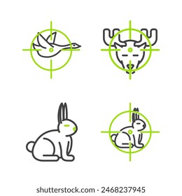 Set line Hunt on rabbit with crosshairs, Rabbit, moose and duck icon. Vector