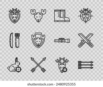 Caza en conejo con cruces, flechas Hipster, botas de cazador, cruzado, escudo de cornamenta de cabeza de ciervo, alce, ciervo y el icono de cuchillo de cazador. Vector