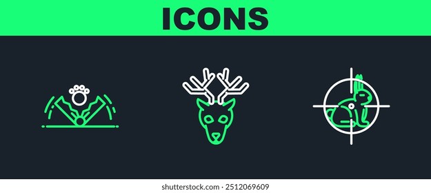 Caza en conejo con el punto de mira, la caza de la trampa y el icono de cuernos de la cabeza de ciervo. Vector