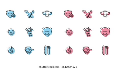 Set line Hunt on rabbit with crosshairs, Flying duck shield, bear, Bow and arrow quiver, deer, Bear head,  and moose icon. Vector