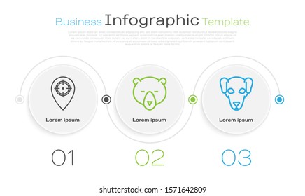 Set line Hunt place, Bear head and Hunting dog. Business infographic template. Vector