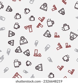 Fijar la línea Lugar de caza, taza de café, Lighter y Cartuchos en un patrón sin fisuras. Vector