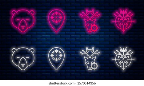 Set line Hunt place, Hunt on deer with crosshairs, Bear head and Hunt on deer with crosshairs. Glowing neon icon on brick wall. Vector