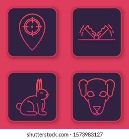 Set line Hunt place, Rabbit, Trap hunting and Hunting dog. Blue square button. Vector