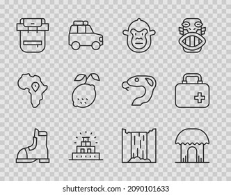 Set line Hunter boots, African hut, Monkey, Chichen Itza in Mayan, Hiking backpack, Lemon, Waterfall and First aid kit icon. Vector