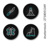 Set line Hunter boots, Butterfly, Volcano eruption and Machete icon. Vector