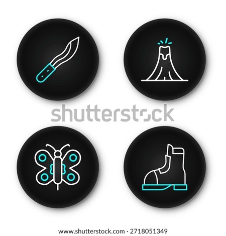 Set line Hunter boots, Butterfly, Volcano eruption and Machete icon. Vector