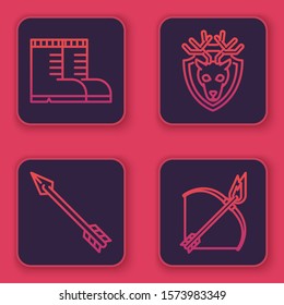 Set line Hunter boots, Hipster arrow, Deer head with antlers on shield and Bow and fire arrow. Blue square button. Vector