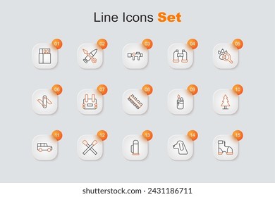 Set line Hunter boots, Hunting dog, Thermos container, Burning match with fire, Safari car, Tree, Lighter and cartridge belt icon. Vector