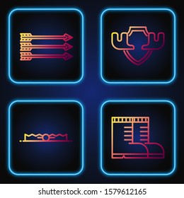 Set line Hunter boots, Trap hunting, Hipster arrows and Moose horns on shield. Gradient color icons. Vector