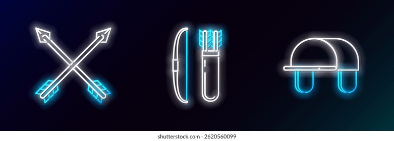 Definir linha Chapéu Hunter, flechas cruzadas e arco e em ícone quiver. Néon brilhante. Vetor