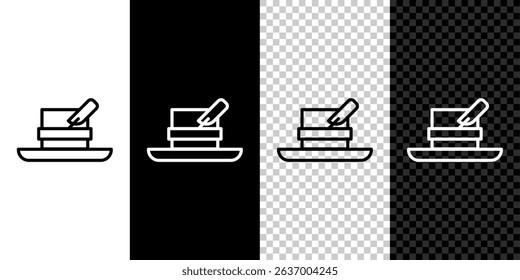 Set line Hunter hat with feather icon isolated on black and white background. Plaid winter hat.  Vector