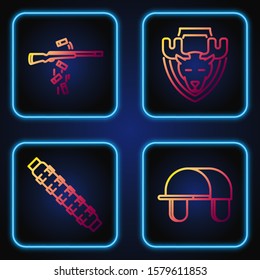 Set line Hunter hat, Hunting cartridge belt with cartridges, Gun shooting and Moose head on shield. Gradient color icons. Vector