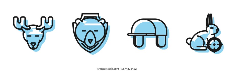 Set line Hunter hat, Moose head with horns, Bear head on shield and Hunt on rabbit with crosshairs icon. Vector