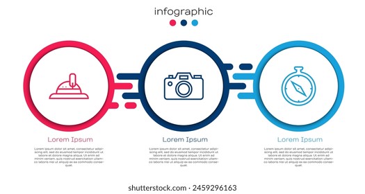 Set line Hunter hat, Photo camera and Compass. Business infographic template. Vector