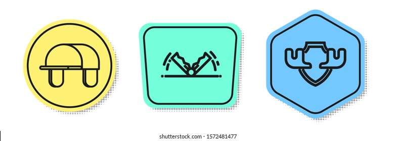 Set line Hunter hat, Trap hunting and Moose horns on shield. Colored shapes. Vector