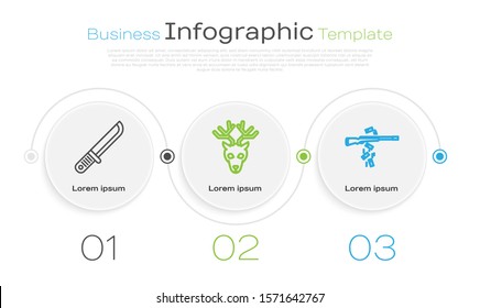 Set line Hunter knife, Deer head with antlers and Gun shooting. Business infographic template. Vector