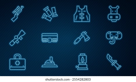 Set line Hunter knife, Elephant, Hunting jacket, cartridge belt, Sniper optical sight, rifle with scope, Wooden axe and Cartridges icon. Vector