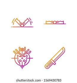 Set line Hunter knife, Hunt on deer with crosshairs, Trap hunting and Trap hunting. Gradient color icons. Vector