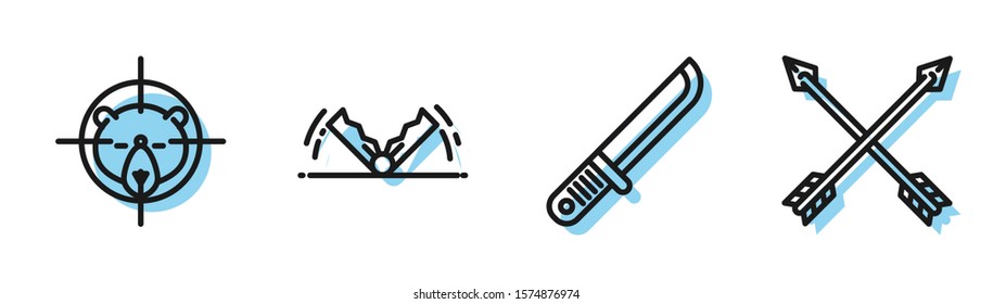 Set line Hunter knife, Hunt on bear with crosshairs, Trap hunting and Crossed arrows icon. Vector
