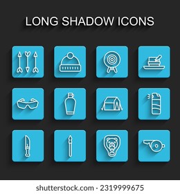 Set line Hunter knife, Medieval spear, Hipster arrows, Bear head on shield, Whistle, Canteen water bottle, Pepper spray and Tourist tent icon. Vector