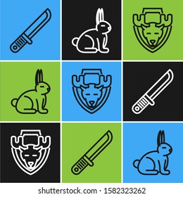Set line Hunter knife, Moose head on shield and Rabbit icon. Vector