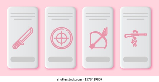 Set line Hunter knife, Target sport for shooting competition, Bow and fire arrow and Gun shooting. White rectangle button. Vector