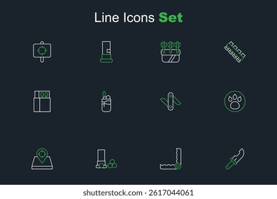 Set line Hunter knife, Trap hunting, Cartridges, place, Paw search, Swiss army, Lighter and Open matchbox and matches icon. Vector