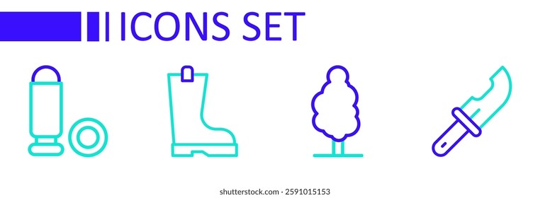 Set line Hunter knife, Tree, Waterproof rubber boot and Bullet icon. Vector