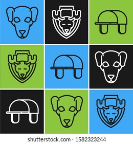 Set line Hunting dog, Hunter hat and Moose head on shield icon. Vector