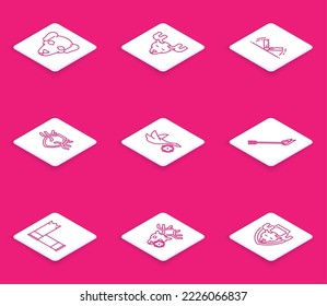 Set line Hunting dog, Moose head with horns, Trap hunting, Deer antlers on shield, duck crosshairs, Flame arrow, Cartridges and deer icon. Vector