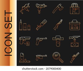 Set Line Hunting Gun, Buying Assault Rifle, Military Ammunition Box, Wooden Axe, Anti-tank Hand Grenade, Bullet, MP9I Submachine And  Icon. Vector