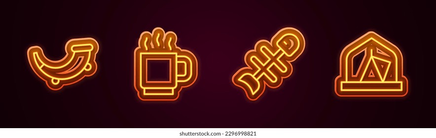 Set line Hunting horn, Coffee cup, Dead fish and Tourist tent. Glowing neon icon. Vector