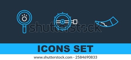 Set line Hunting horn, Paw search and Trap hunting icon. Vector