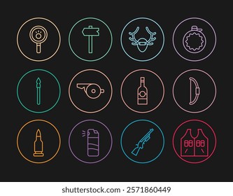 Set line Hunting jacket, Bow, Deer antlers on shield, Whistle, Medieval spear, Paw search, Bottle of vodka and Road traffic sign icon. Vector