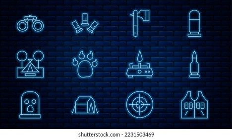 Set line Hunting jacket, Bullet, Wooden axe, Paw print, Tourist tent, Binoculars, Camping gas stove and Cartridges icon. Vector