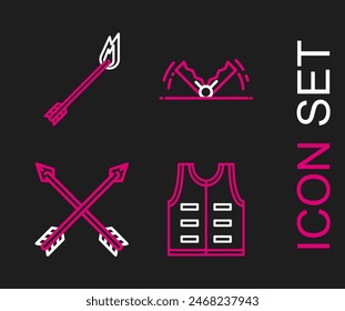 Set line Hunting jacket, Crossed arrows, Trap hunting and Flame icon. Vector