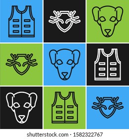 Set line Hunting jacket, Hunting dog and Deer antlers on shield icon. Vector