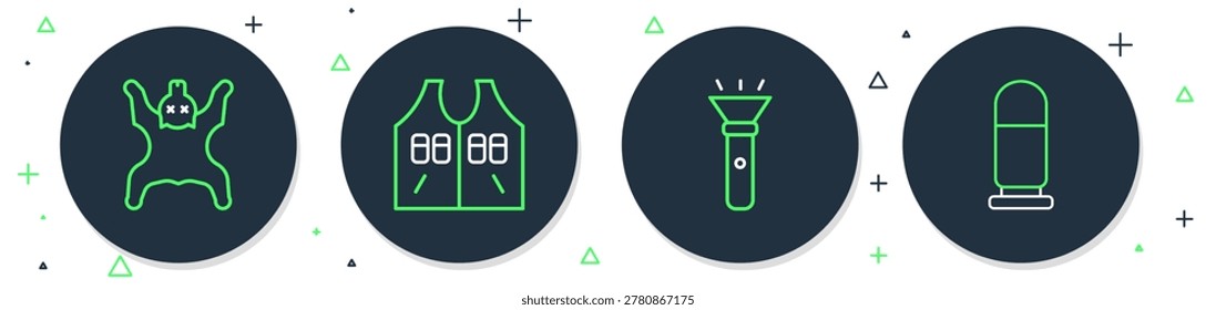 Set line Hunting jacket, Flashlight, Bear skin and Bullet icon. Vector