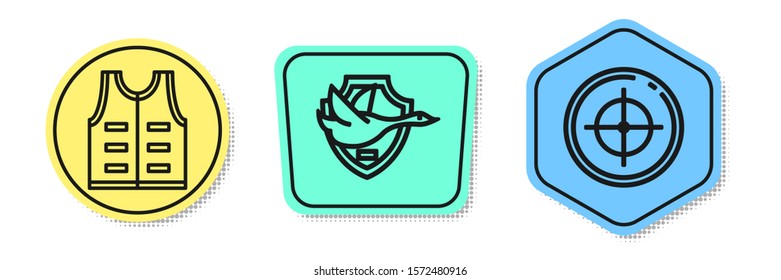 Set line Hunting jacket, Flying duck on shield and Target sport for shooting competition. Colored shapes. Vector