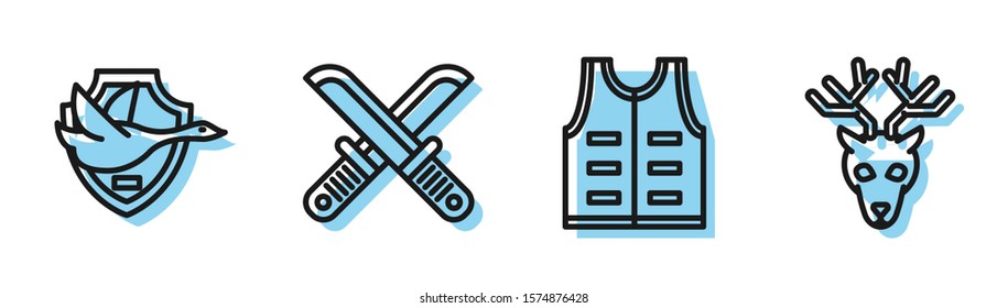 Set line Hunting jacket, Flying duck on shield, Crossed hunter knife and Deer head with antlers icon. Vector