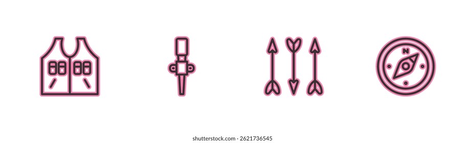 Set line Hunting jacket, Hipster arrows, Torch flame and Compass icon. Vector