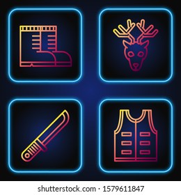 Set line Hunting jacket, Hunter knife, and Deer head with antlers. Gradient color icons. Vector