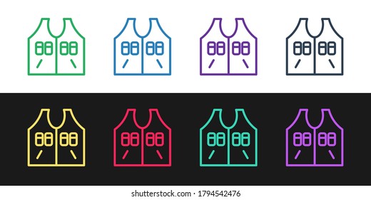 Set line Hunting jacket icon isolated on black and white background. Hunting vest. Vector